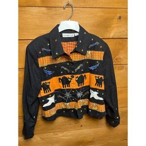 Tunique Women XL Halloween Black Cat Ghost Bats Embroidered Button Up
 Shirt VTG